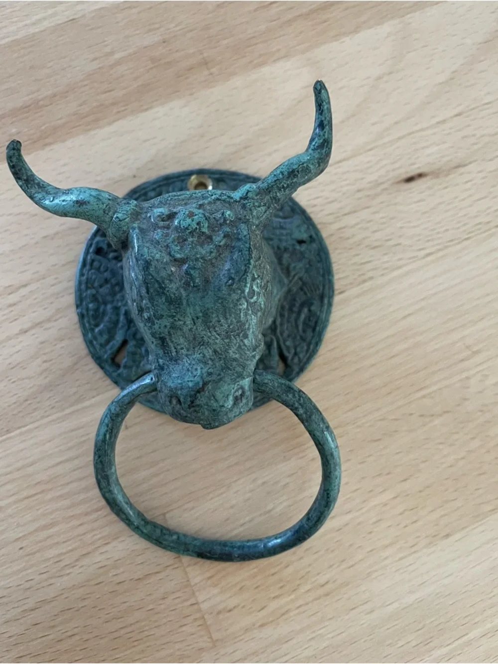 Antique-Style Bull Head Wall Ring - Green Patina